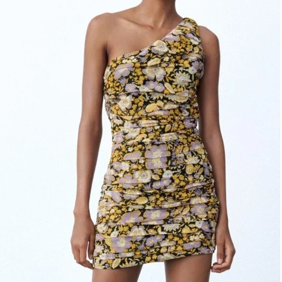 Zara Floral Ruched One Shoulder Dress - Picture 1 of 14
